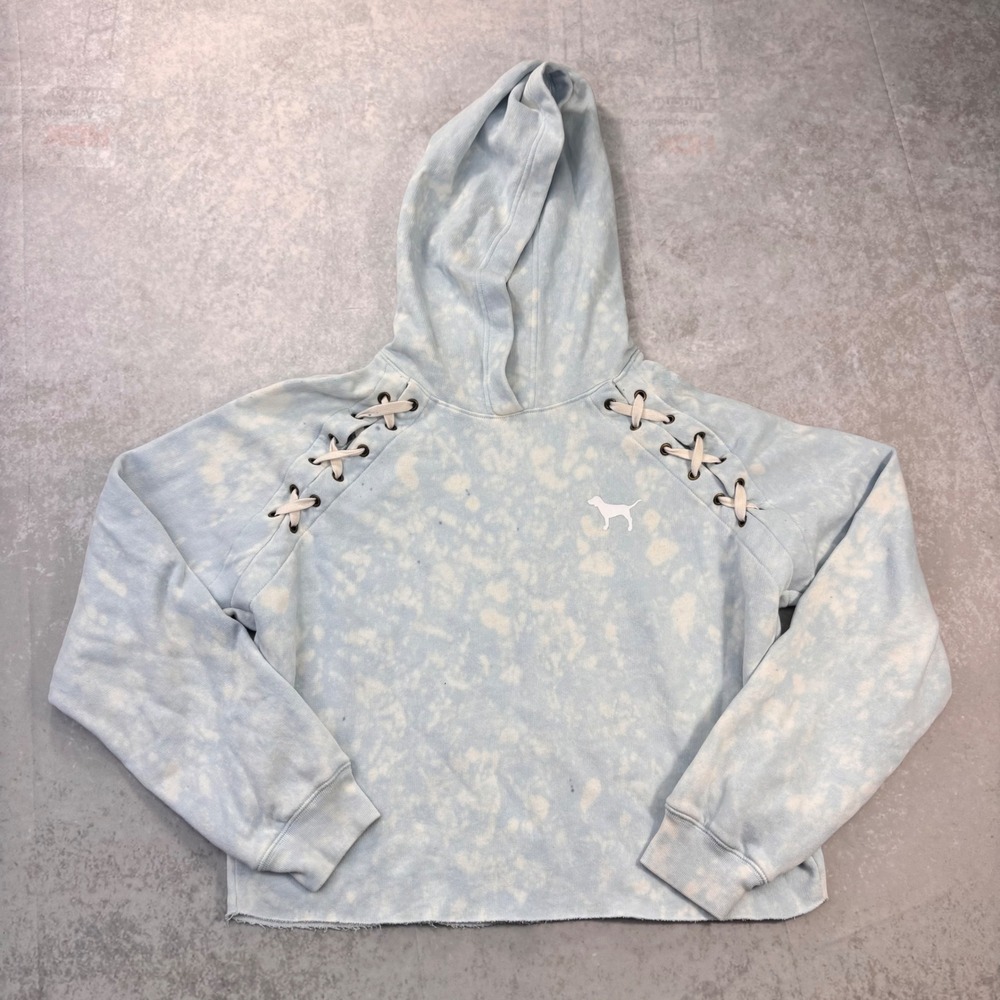 Victoria's Secret PINK Blue Bleach Dye Lace Up Cropped Hoodie Size Small